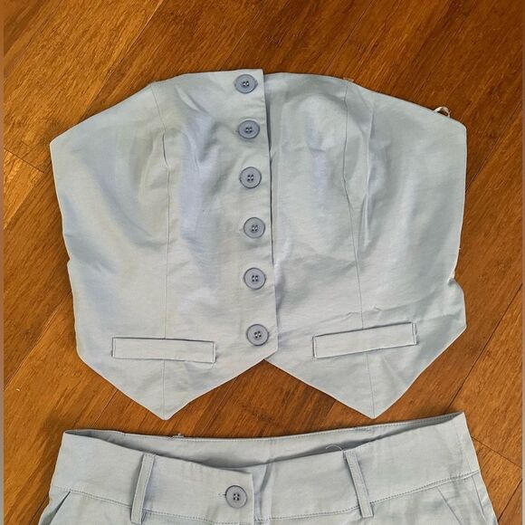 NIP Light Blue Strapless Smocked Top With Wide Leg Pant Set Size M - Picture 3 of 6